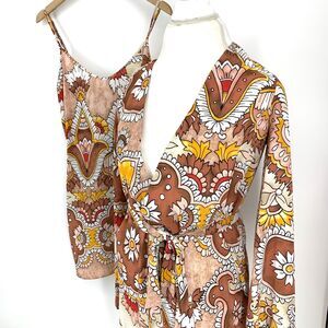 BCBG Maxazria Dress Dusty Rio Paisley Wrap 2 piece Beige Red Brown S